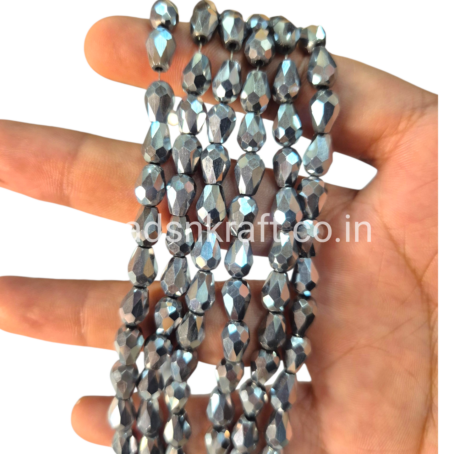 Silver Metal 6x8mm Drop Crystal Beads for Jewellery & Aari Work